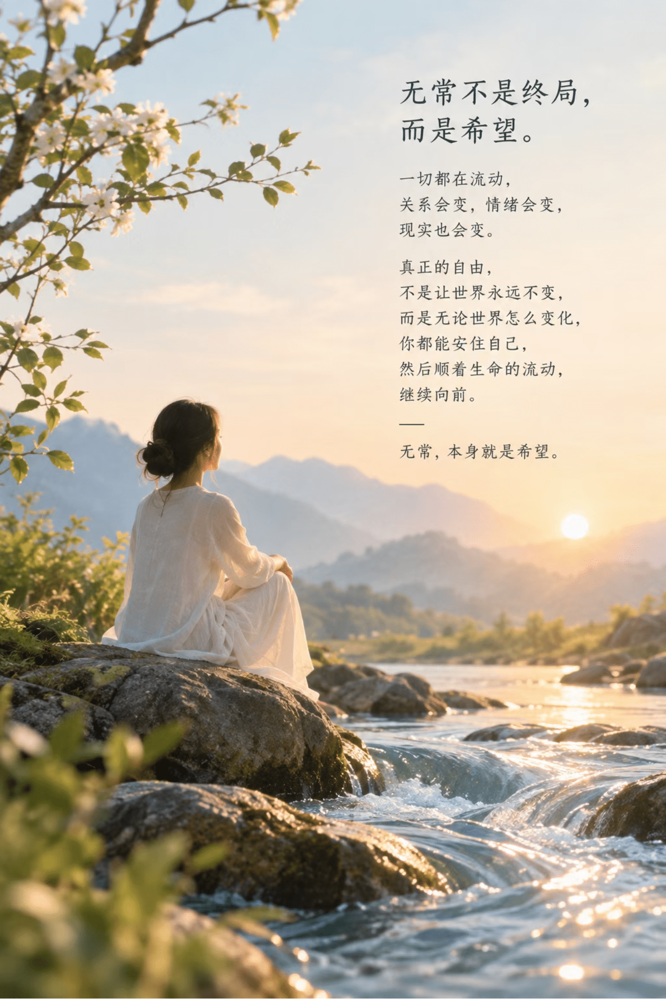 原文配图，一位女子坐在溪边岩石上，远处是日出与山峦，配有无常与希望的文字