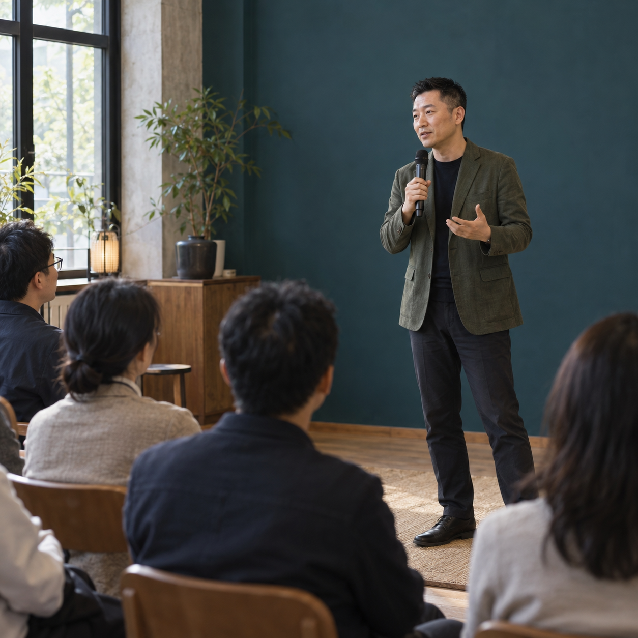 一位中国分享者面向专业听众进行小型公开分享的场景示意