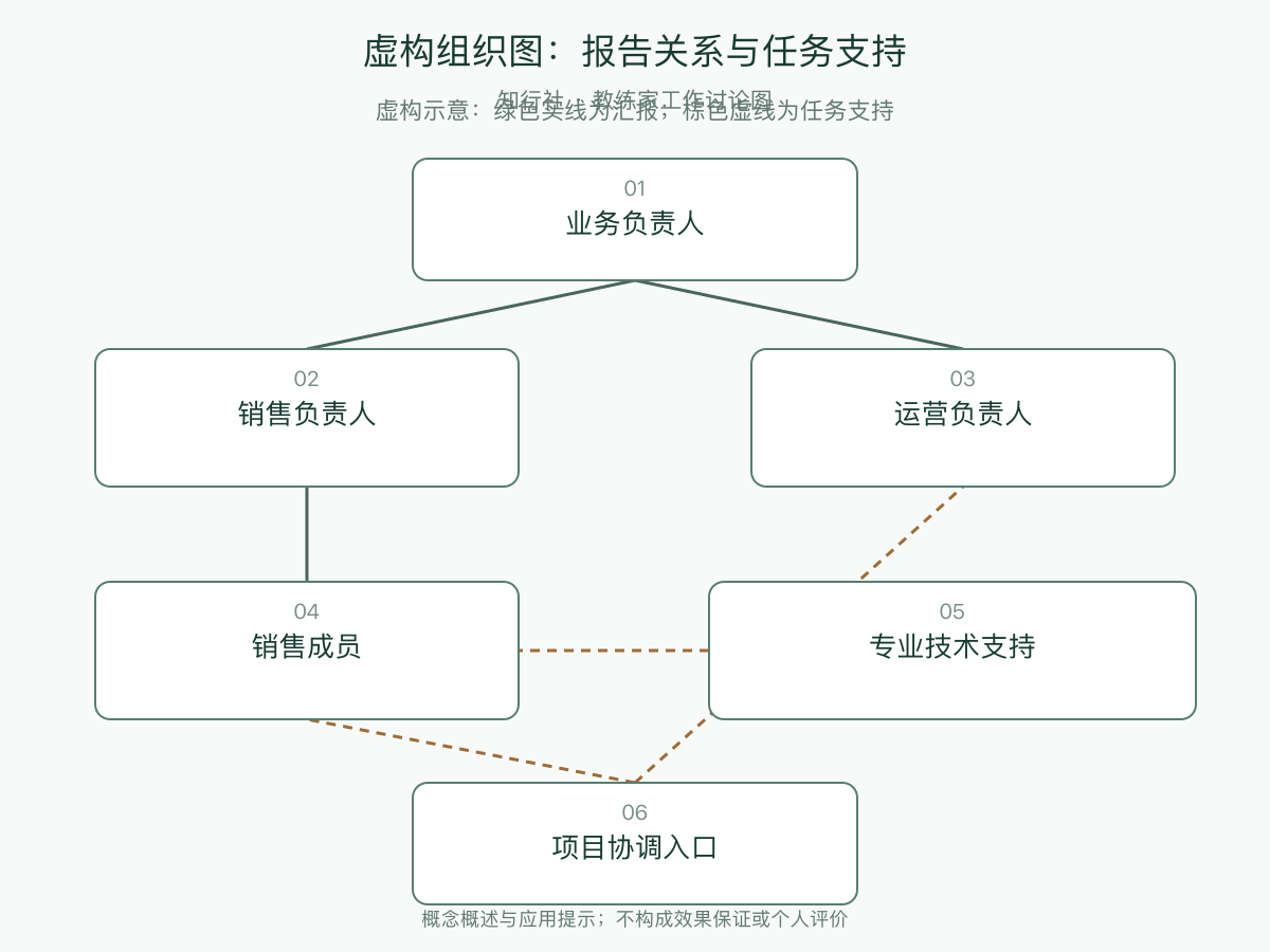 虚构组织图：报告关系与任务支持