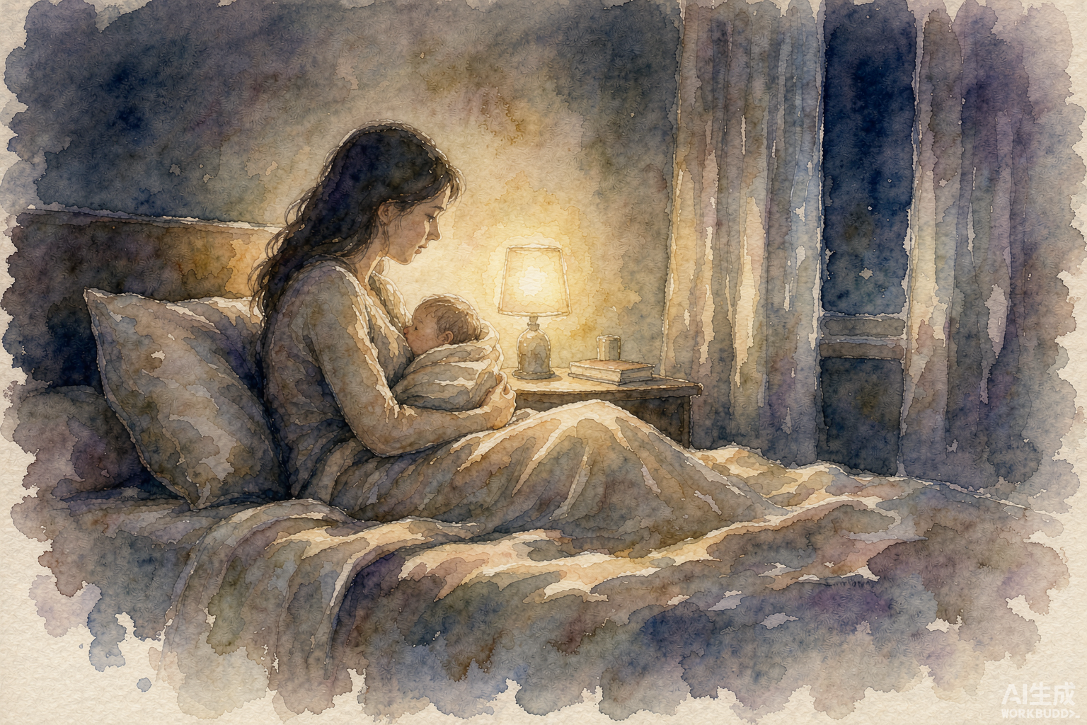 夜间灯光下母亲抱着婴儿的水彩插画
