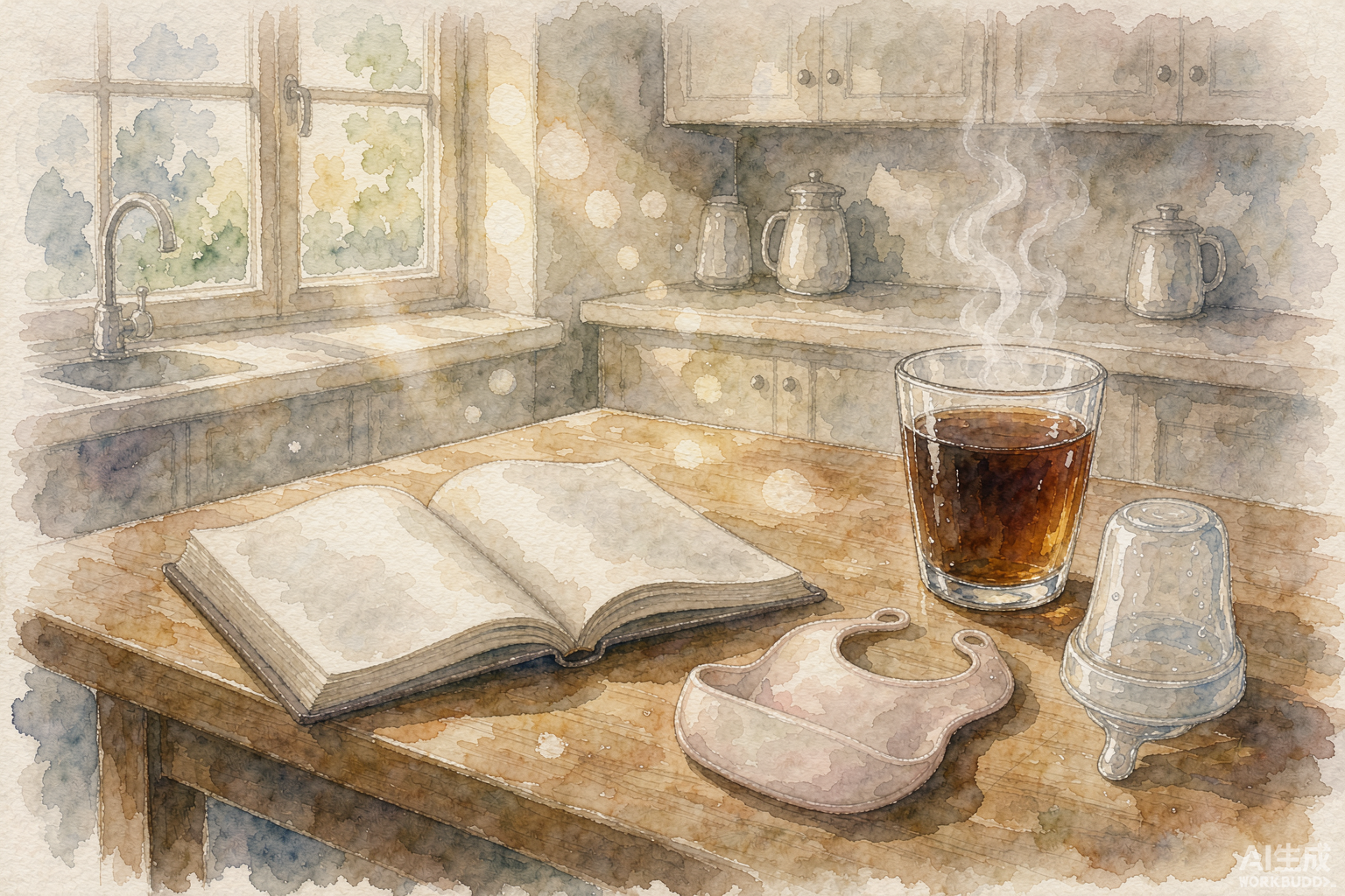 桌上茶杯、书本、围兜与奶瓶的水彩插画